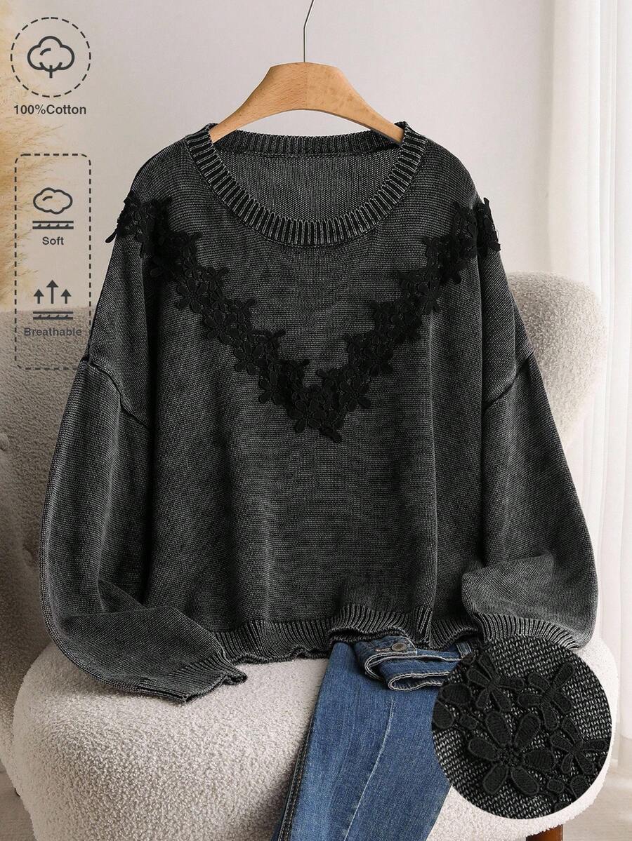 CosyJoli Suéter de punto con encaje lavado y desgastado de estilo francés elegante y casual para mujeres de talla grande en otoño/invierno - Negro - Ver 1