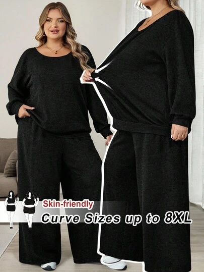 SHEIN CURVE+ Curves Plus Size/Chool Clothes/Back To School Clothes /Back To SchoolPlus Size Women's Black Knitted Women's Casual Suit, Sloping Shoulder T-Shirt+Pants Set, Back To School Season, Back To School Season Clothing Plus Size Two Pieces Pants Set Plus Size 2 Pieces Outfit Plus Size Casual Set Women Plus Size Comfy Set Plus Size Loungewear Set