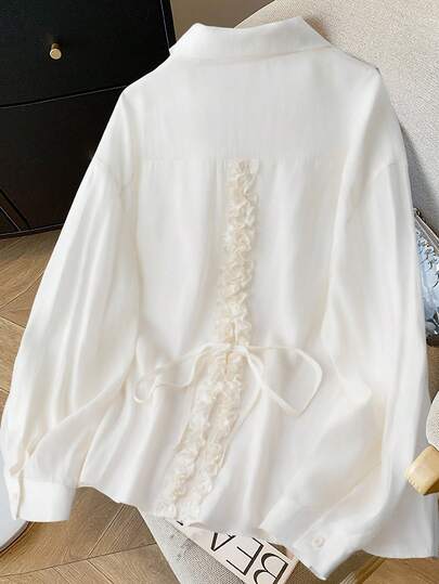 SHEIN Clasi 大码女式宽松休闲后开衩百褶系带设计长袖衬衫