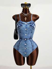 Zestiva Button Front One Piece Swimsuit For Summer - Multicolor - View 3