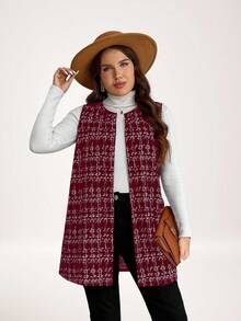 SHEIN LUNE 时尚无袖格子大码女士休闲外套秋冬返校节女士外套背心秋装衣服冬装 - 酒紅色 - 查看 6