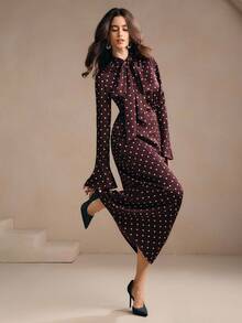 Anewsta 度假风优雅通勤棕色和粉色波尔卡圆点印花领蝴蝶结装饰长袖荷叶边袖女式休闲衬衫 + 高腰直筒女式裙子 2 件套，适合春季、夏季、外出、优雅、正式、派对、别致、新年、圣诞节、毕业典礼 - 棕色 - 查看 6