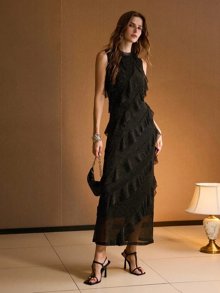 GLITTER CONTRAST LACE MOCK NECK LAYERED RUFFLE TRIM LONG DRESS
