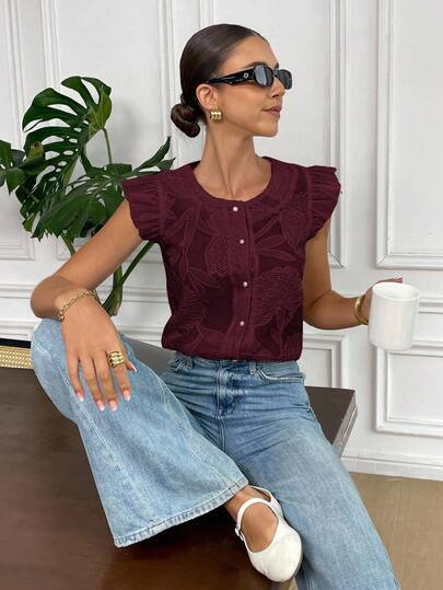 Serisse Camisa de moda de cuello redondo, manga corta y abotonadura sencilla con estampado jacquard en color rojo para mujer