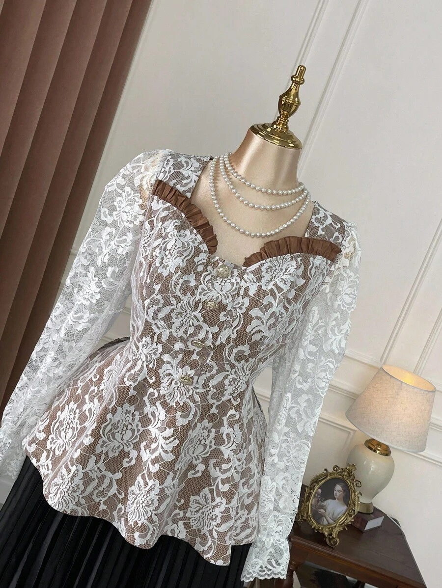 SHEIN LUNE 大码女式优雅蕾丝拼布派对衬衫 - 卡其色 - 查看 1