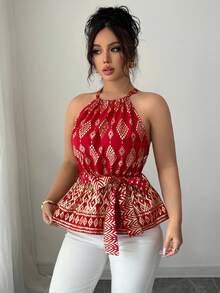 Elenzga Red & Gold Waist Cinched Sleeveless Spaghetti Strap Tie Strap Foil Print Elegant Plus Size Blouse For Women