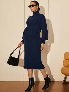 MaterniWear Maternity Work Clothes,Maternity Work Outfits, Maternity Work Knit Dresses ,Office,Business Casual Woman,Fall Clothes,Autumn Clothes,Maternity Autumn Clothes Maternity Maternity Solid Color Turtleneck Knit Dress, Autumn/Winter Maternity Sweater Dress Knit Maternity Dress Ribbed Knit Dress Turtleneck Sweater Dress Midi Sweater Dress - Navy Blue - View 8