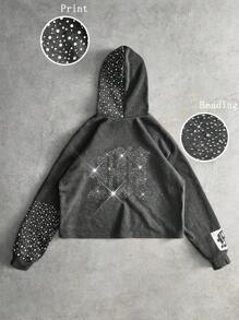 PAVTROS 男士创意字母图案水钻装饰短款连帽衫，深灰色钻石连帽衫，灰色图案连帽衫，短款图案连帽衫，水钻连帽衫，男士短款连帽衫，街头服饰，男友礼物，返校，万圣节，水钻，万圣节，万圣节派对，街头服饰，灰色图案连帽衫，星星连帽衫，连帽衫图案，男士连帽衫，星星印花连帽衫 - 深灰色 - 查看 1