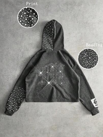 PAVTROS 男士创意字母图案水钻装饰短款连帽衫，深灰色钻石连帽衫，灰色图案连帽衫，短款图案连帽衫，水钻连帽衫，男士短款连帽衫，街头服饰，男友礼物，返校，万圣节，水钻，万圣节，万圣节派对，街头服饰，灰色图案连帽衫，星星连帽衫，连帽衫图案，男士连帽衫，星星印花连帽衫