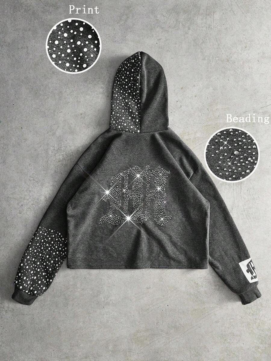 PAVTROS 男士创意字母图案水钻装饰短款连帽衫，深灰色钻石连帽衫，灰色图案连帽衫，短款图案连帽衫，水钻连帽衫，男士短款连帽衫，街头服饰，男友礼物，返校，万圣节，水钻，万圣节，万圣节派对，街头服饰，灰色图案连帽衫，星星连帽衫，连帽衫图案，男士连帽衫，星星印花连帽衫 - 深灰色 - 查看 1