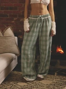 Aralina Sleepwear Fall Winter Cute Cosy Brushed Flannel Check With Side Pockets And Lace Detail On Waist And Hem Sleep Pants, Cozy