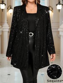 Miaspire Plus Size Solid Color Fashionable Shiny Lapel Mid-Length Jacket In ,Spring - Black - View 3