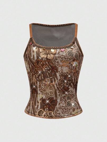 J-Fashion Top de tirantes para mujer con bordado de delfín, hibisco, Hawái, rosa y leopardo en estilo vintage y con lentejuelas