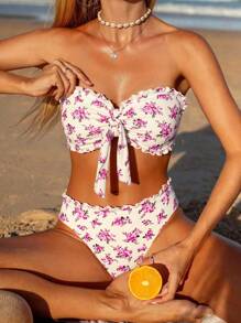 Swim Mod 2pcs Women's Sweet Ditsy Floral Bikini Set, Strapless Design, Textured Fabric, Pink Tone, Frill Trim & Bowknot, Removable Straps, Summer Beach - Multicolor - View 7