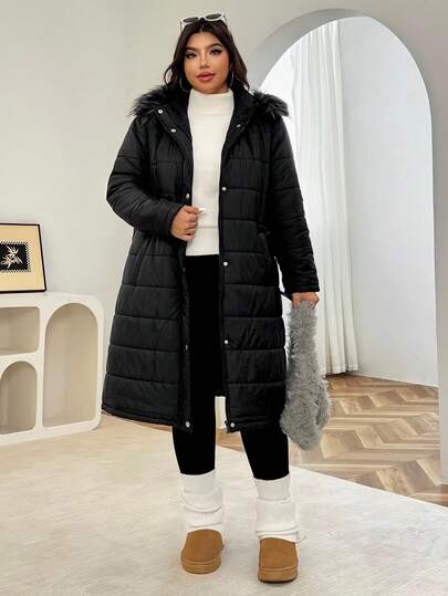 SHEIN EZwear Plus Size Black Hooded Faux Fur Collar Long Sleeve Warm Mid-Length Winter Coat Long Hooded Winter Coat Plus Size Long Winter Coat Long Winter Coat For Women