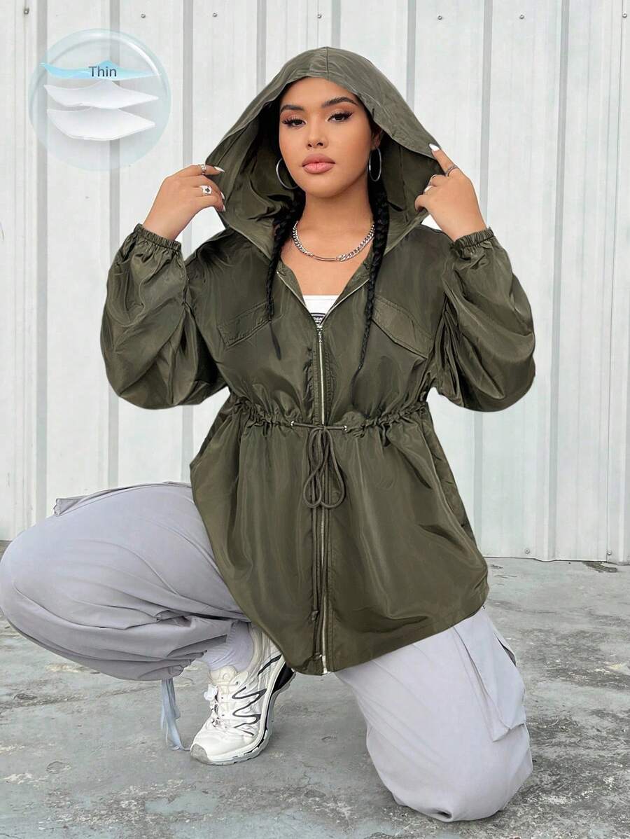 SHEIN EZwear 大码女式纯色抽绳腰连帽夹克 - 軍綠色 - 查看 1