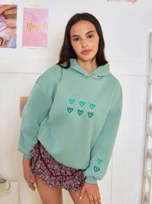 SHEIN Teen Girl's Casual Oversized Sweatshirt With Sweet Heart Embroidery, Gray-Green,In Fall/Winter - Green - View 8