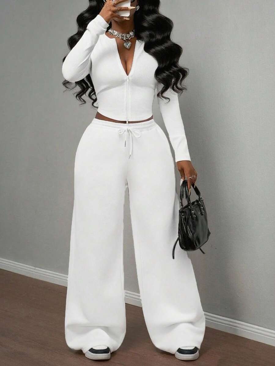 Slaydiva 2025秋冬新款休闲百搭单品-圆领拉链领长袖T恤上衣+卫衣+卫衣裤+白色卫衣两件套-A - 白色 - 查看 1