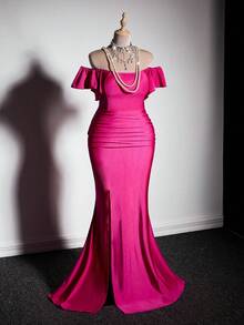 Viva Relle Plus Size Women's Sexy Maxi Dress With High Slit, Ruffle Back, Elegant For Party, Wedding, Birthday, Autumn/Winter - Hot Pink - View 1