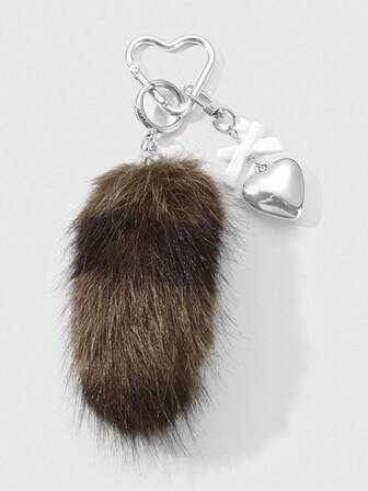 Grunge Punk 1 pezzo Portachiavi/ciondolo retrò e carino in stile alto qualità con coda di animale in pelliccia sintetica marrone a righe, fiocco in resina CCB a forma di cuore, adatto per uso quotidiano di donne/ragazze, regalo per le vacanze