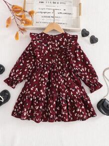 Emery Rose Kids Emery Rose Kids 年轻女孩夏季/秋季全身印花荷叶边荷叶边袖连衣裙，非常适合夏季和秋季休闲日常穿着和学校日常穿着，妈妈和女儿和姐妹搭配 - 紅色 - 查看 6