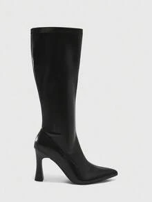 CUCCOO BIZCHIC 黑色尖头高跟及膝靴，新款秋冬女士弹力修身长靴，适合工作/日常穿着 - 黑色 - 查看 1