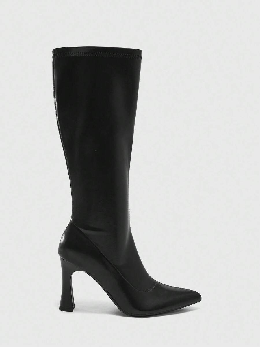 CUCCOO BIZCHIC 黑色尖头高跟及膝靴，新款秋冬女士弹力修身长靴，适合工作/日常穿着 - 黑色 - 查看 1