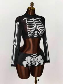 Amplova Halloween Pumpkin Element Glow-In-The-Dark Mini Sheer Cropped 2 Pieces Set For Women Gothic Two Piece Set Skeleton Two Piece Set Women - Multicolor - View 1