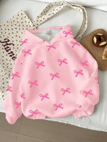 Sudadera de punto suave de manga larga con cuello redondo, cómoda y de corte holgado, con estampado de lazos, para niñas jóvenes de uso diario