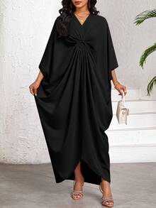 SHEIN Lady 2025 New Women's Casual Loose Bat Wing Sleeve Dress, Black Solid Color, For Holiday Vacation Outfits Women Boho/Bohemia/Boho Women Clothing Halloween  Chic Women's Dress Going Out Outfit - Black - View 3