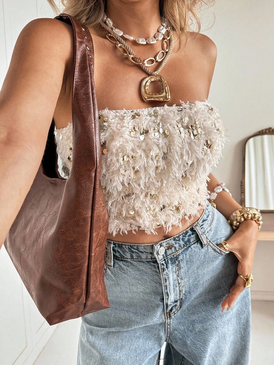 Siren Gaze 女士亮片羽毛装饰抹胸上衣，秋冬 - 杏色 - 查看 1