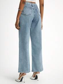 Daynim Women Slant Pocket Solid Color Baggy Jeans - Medium Wash - View 2