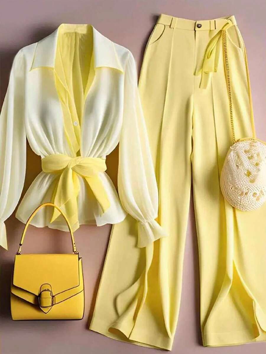 GlowEve 2pcs Dopamine Fashionable Rejuvenating Polo Collar Shirt And Pants Set Fall Cloth For Women - Multicolor - View 1