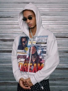 AXEPEAK Men's Casual Letter & Portrait Graphic Zip-Up Hoodie Sweatshirt, Autumn, For Fall Winter