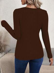 EMERY ROSE Women's Solid Color Round Neck Long Sleeve Ribbed Button Design Casual T-Shirt Fall Cloth For Women - Brown - View 2
