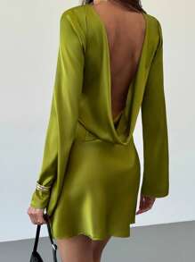 Aloruh 女士时尚性感露背迷你连衣裙 - 橄欖綠 - 查看 6