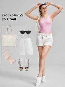 GLOWMODE FeatherFit™ Powerhouse Round Neck Racerback Halter Thong Bodysuit Low Impact Yoga Daily Summer - Bubblegum Pink - View 8