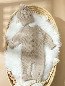 SHEIN 2件套针织新生儿连体衣带绒球帽男婴1个月100天摄影服装婴儿针织纽扣开襟毛衣拍照服装 - 杏色 - 查看 2