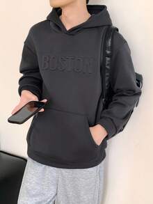 Mirajuku Teenage Boys' Casual College Style Letter Embossed Design Hoodie, Suitable For College, Casual, Sports Wear Chic Outfits For Autumn/Winter Fall - Black - View 4