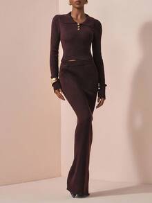 Zivah Dark Purple Autumn Elegant Brunch Matching Knit Sweater And Bodycon Long Skirt Set,Business Casual Commuting Daily Wear Birthday Party Brown Outfits - Chocolate Brown - View 2