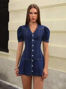 Jeanoix Summer Fashion Front Button Puff Sleeve Mini Denim Dress - Dark Wash - View 7