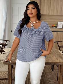 Weeklong Plus Size Summer Casual Plaid Floral Decor Puff Sleeve Shirt - Navy Blue - View 5