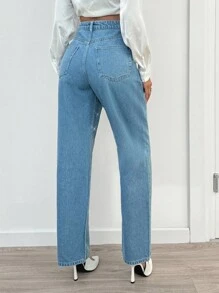 EURMUSE High Waist Diamond Detailed Straight Jean - Medium Wash - View 2