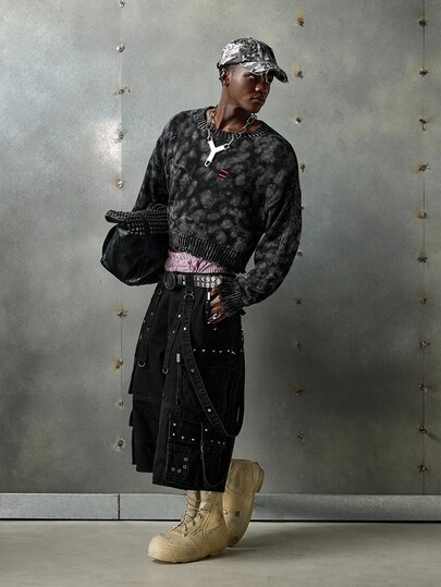 NEON BLANC NEON BLANC Men's Crew Neck Sweater - Ombre Washed Distressed Look Deep Grey - Subtle 3D Texture - Suitable For Layering In Autumn/Winter - Comfortable Casual