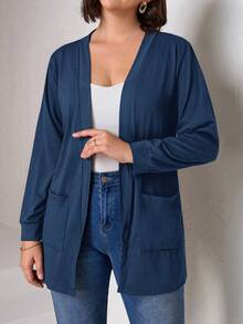 Chikora Plus Size Black Knit Pocket Loose Fit Cardigan With Pockets,Business Casual Woman Winter Fall Autumn - Dusty Blue - View 5