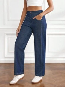SHEIN Tall Quần jean denim nữ kiểu dáng thường ngày, có túi và cúc - màu đen - Xem 4
