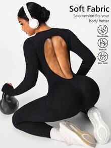 Dewbera Mono de mujer de unicolor con cuello redondo y espalda descubierta de manga larga