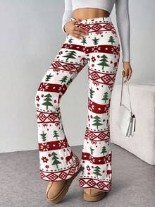 Firerie 女士新款优雅休闲圣诞风格裤子，秋冬休闲优雅居家户外保暖内衬双面抓绒泰迪抓绒，多色红绿圣诞图案印花高腰喇叭裤，秋季女装 - 彩色 - 查看 6