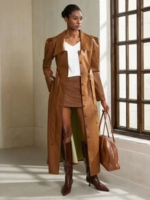 Aveloria Modichic 时尚通勤简约酒红色 PU 皮革 V 领收腰仿纽扣长袖超长常规外套夹克 - 黃色 - 查看 5