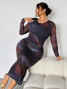 Firerie 优雅长袖扎染印花褶腰长裙不对称领长袖优雅约会夜裙网眼弹性面料大码女式连衣裙/休闲时尚度假返校长裙 - 彩色 - 查看 5